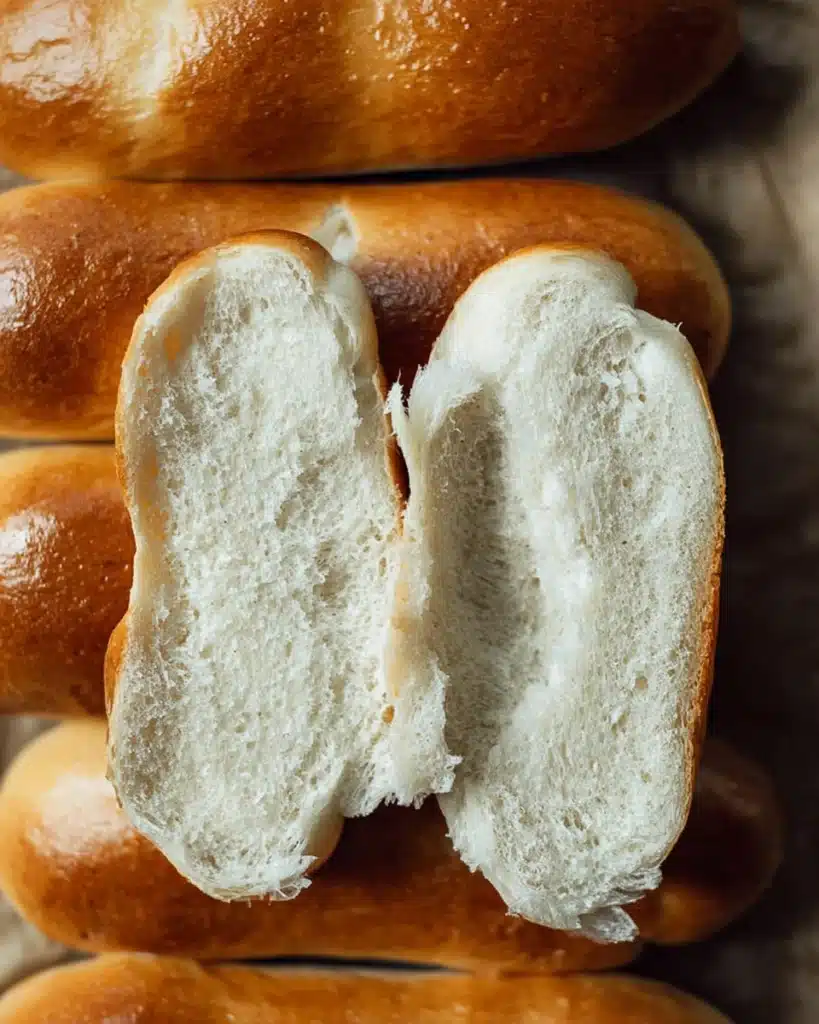 Soft sourdough hot dog bun torn open showing fluffy interior