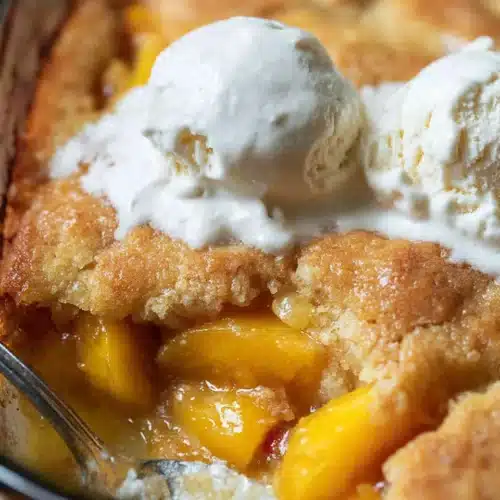Sourdough peach cobbler with vanilla ice cream in a baking dish