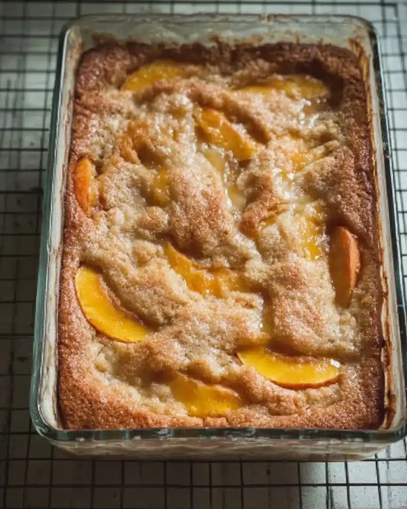 Freshly baked sourdough peach cobbler with golden crust
