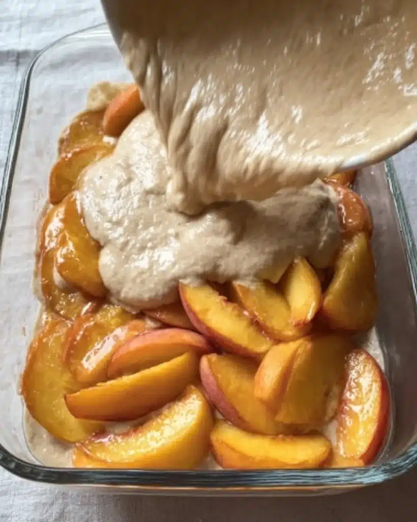 Pouring sourdough batter over peaches for cobbler