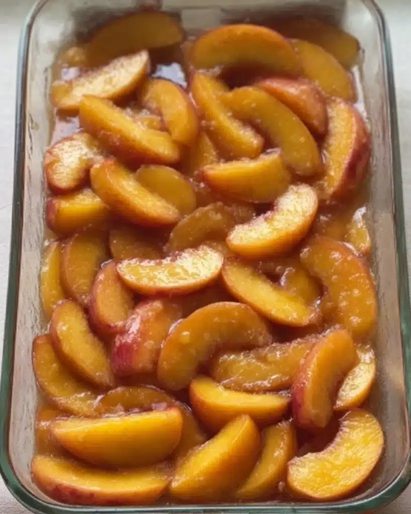 Fresh peach slices for sourdough peach cobbler in a baking dish