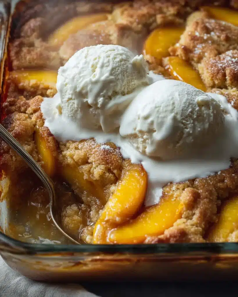 Warm sourdough peach cobbler with melting vanilla ice cream