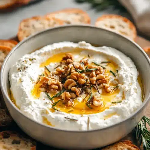 Spicy Ricotta Dip with Hot Honey 4 Spicy ricotta dip with hot honey, walnuts, and rosemary in a bowl