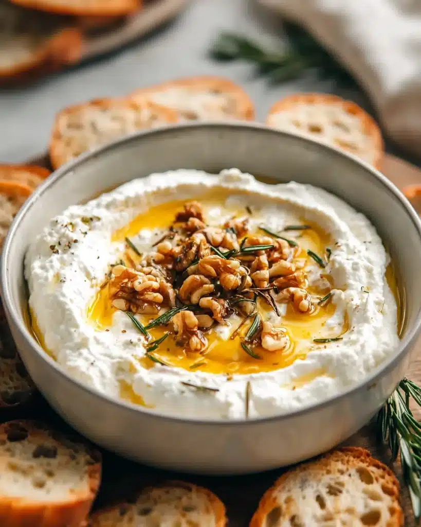 Spicy Ricotta Dip with Hot Honey 1 Spicy ricotta dip with hot honey, walnuts, and rosemary in a bowl