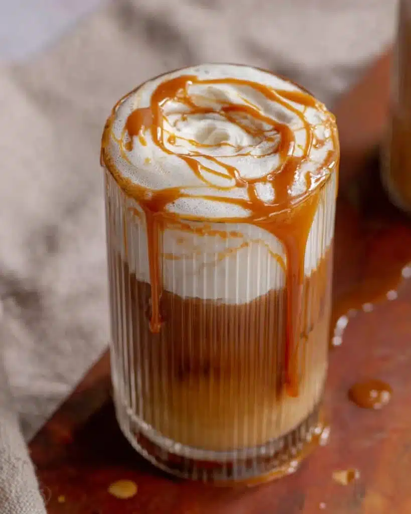 Starbucks salted caramel cold foam cold brew with caramel swirl on creamy foam
