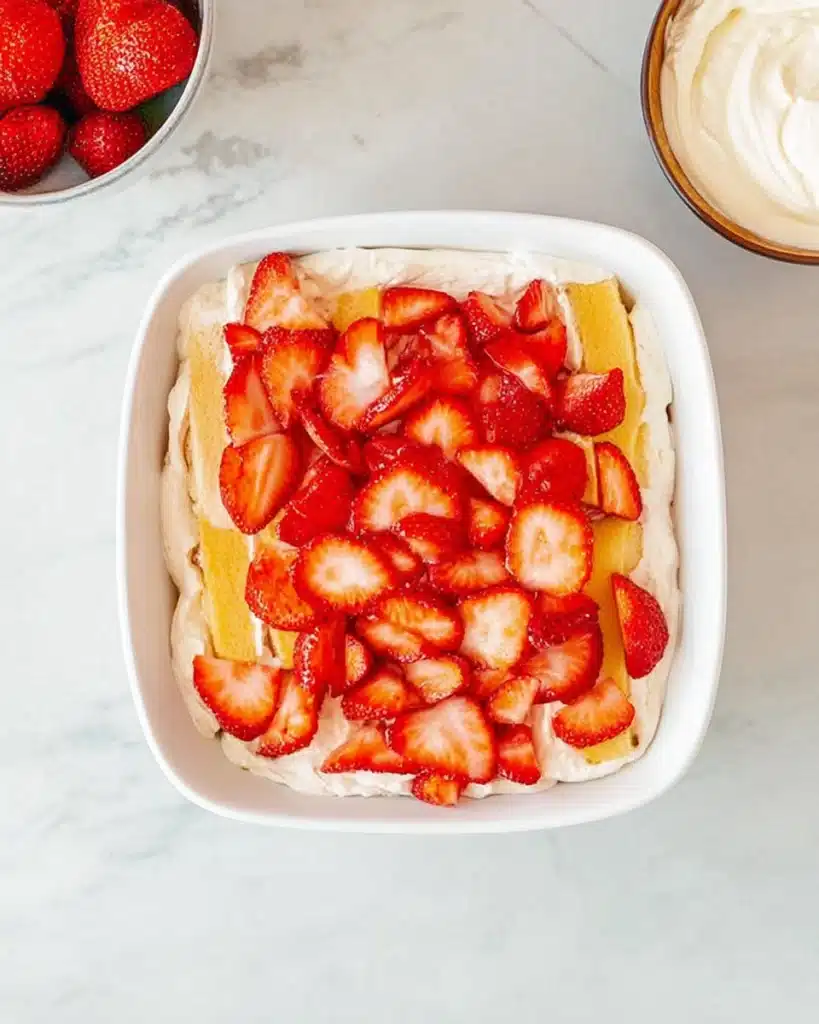 Layering strawberry tiramisu with ladyfingers and sliced strawberries in a white dish