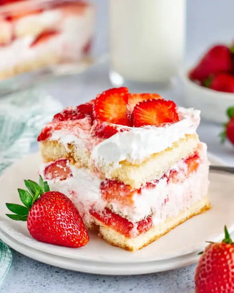 Strawberry tiramisu slice with fresh strawberries on a white plate
