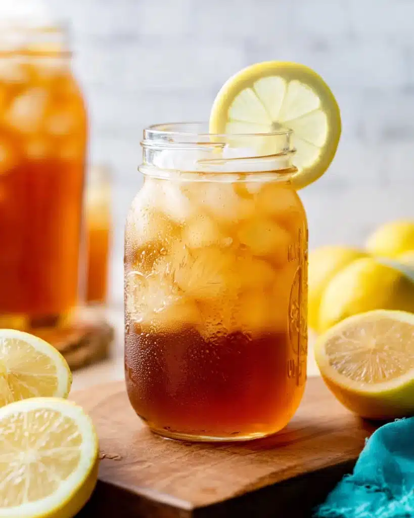 Sweet Tea Recipe – The Perfect Refreshing Southern Drink 5 Mason jar of sweet tea with ice and lemon slice on wooden board