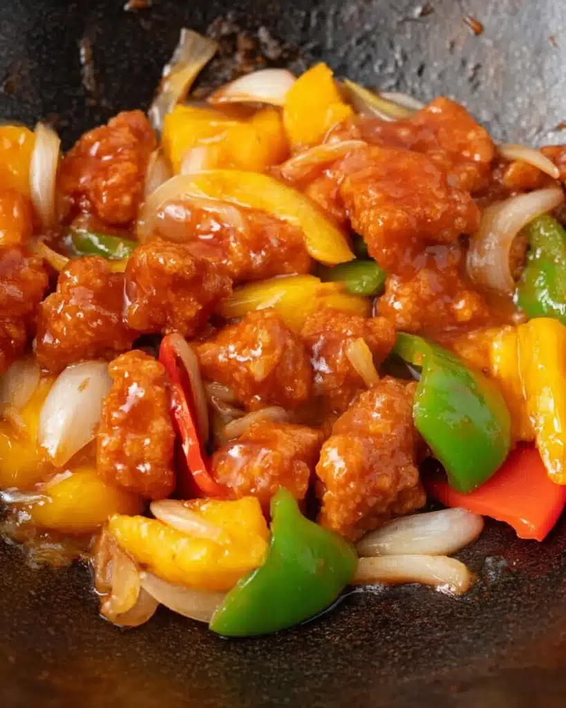 Sweet and sour chicken with peppers, onions, and pineapple cooking in a wok