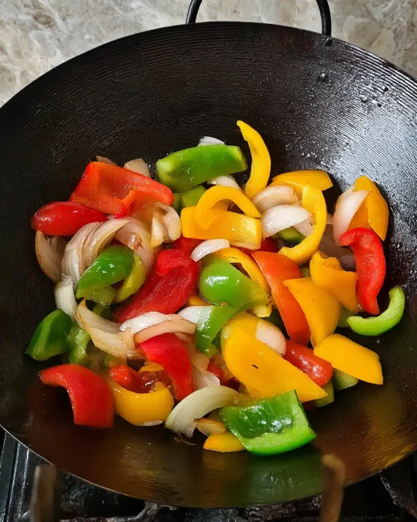 Colorful bell peppers and onions sautéing in a black wok for sweet and sour chicken