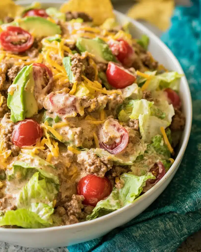 Creamy taco salad with lettuce, avocado, beef, and cherry tomatoes in white bowl