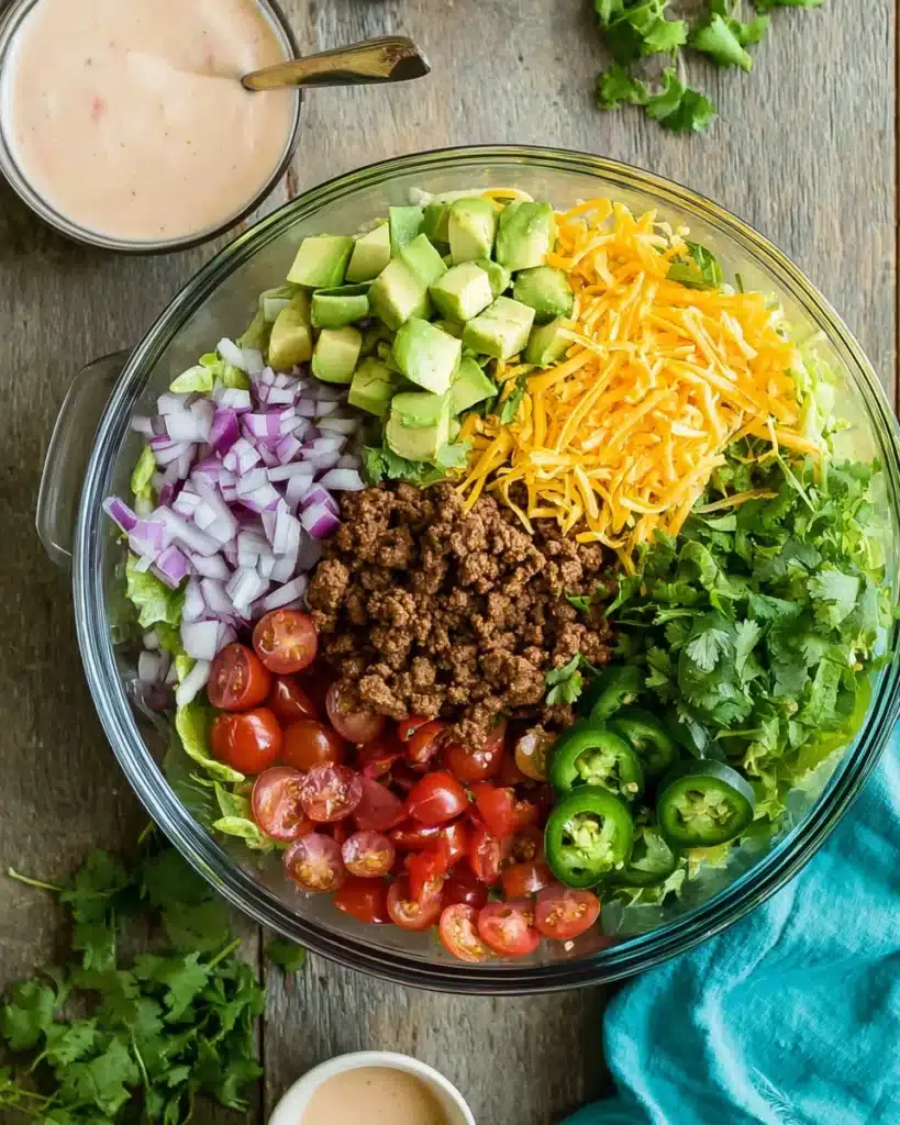 Taco salad ingredients in a glass bowl with avocado, beef, cheese, and tomatoes