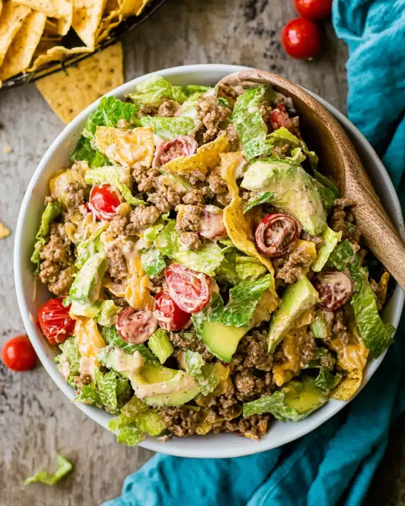 Taco Salad Recipe with avocado, tomatoes, lettuce, beef, and cheese in a white bowl