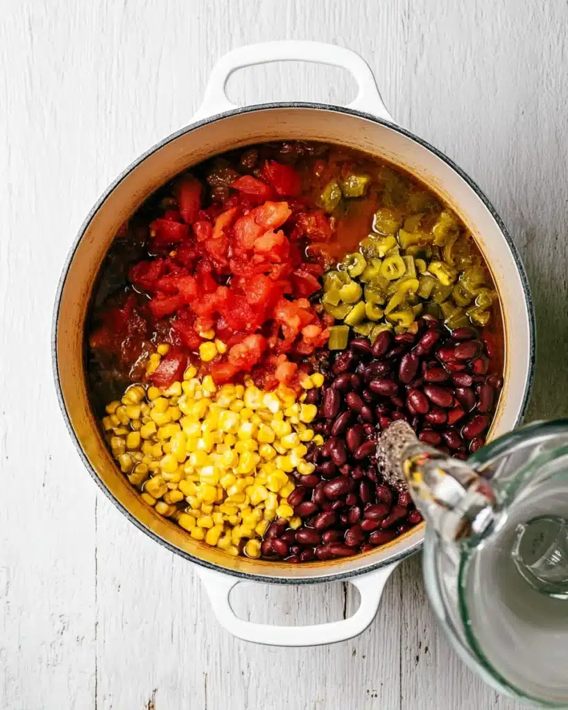 Adding beans, corn, and tomatoes to Dutch oven for taco soup