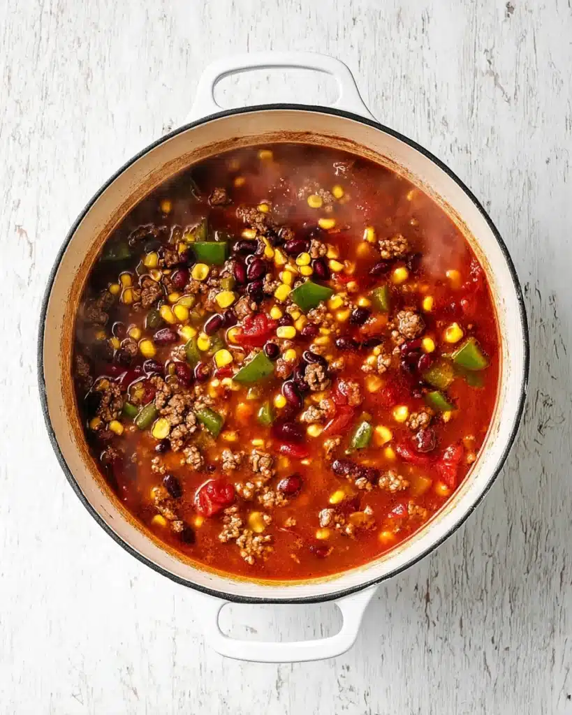 Simmering taco soup with beef, beans, corn, and tomatoes in a Dutch oven