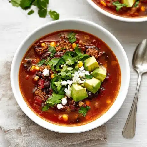 Hearty taco soup topped with avocado, cheese, and cilantro in a white bowl