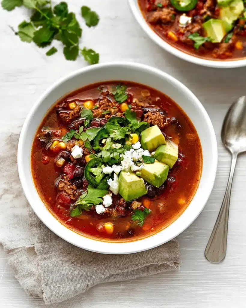 Hearty taco soup topped with avocado, cheese, and cilantro in a white bowl