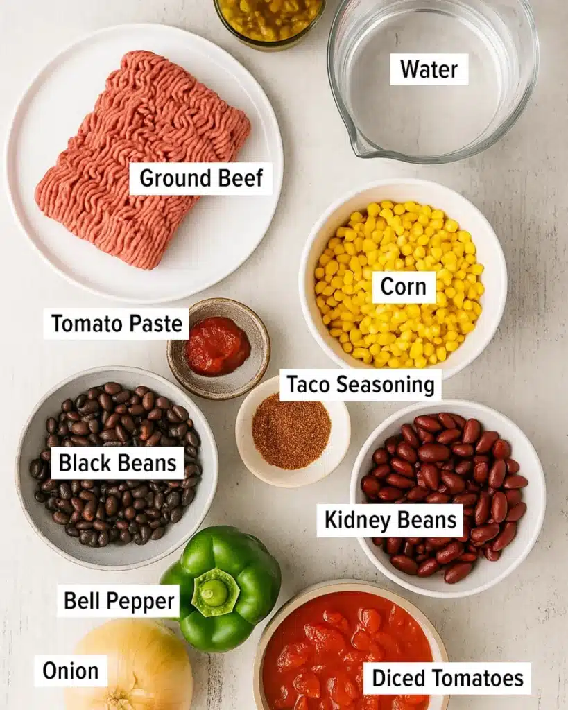 Flat lay of taco soup ingredients including ground beef, beans, corn, and spices
