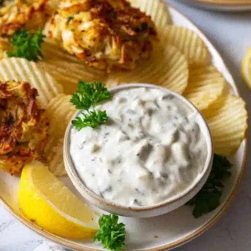 Tartar sauce served with crab cakes, lemon wedges, and chips