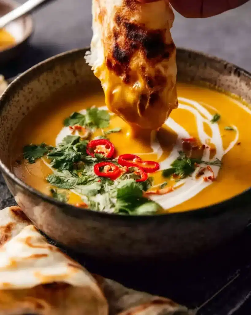 Thai coconut pumpkin soup with roti and fresh coriander in rustic bowl