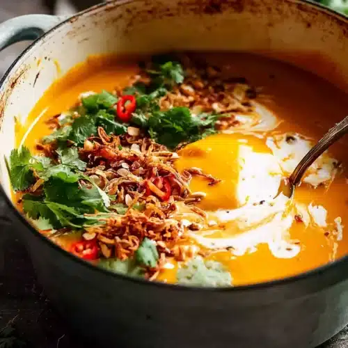 Thai coconut pumpkin soup with coriander, crispy shallots, and coconut cream swirl