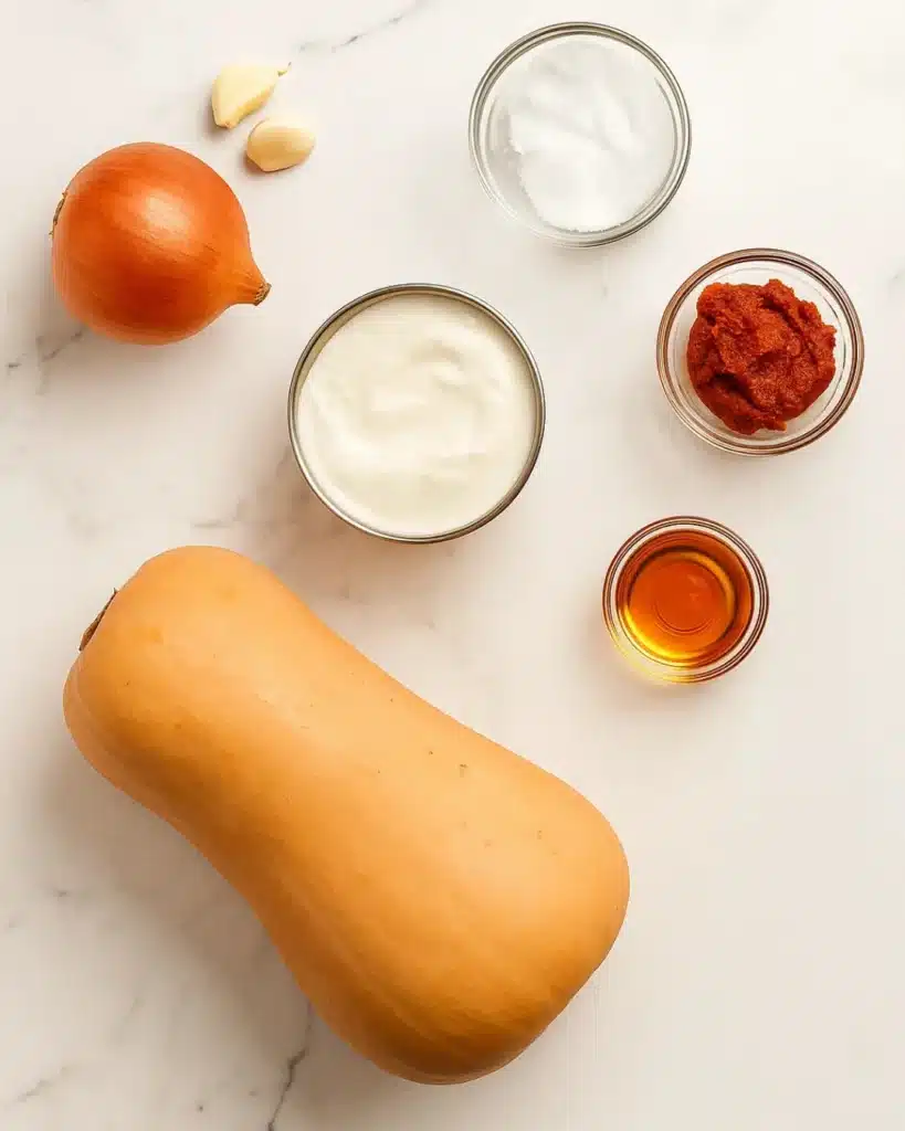 Fresh ingredients for Thai coconut pumpkin soup on a white marble surface