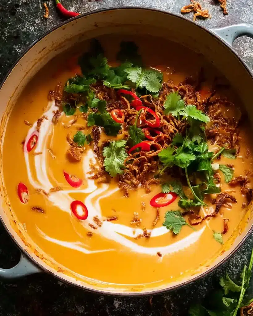 Thai coconut pumpkin soup with coriander, chili, and coconut cream swirl in pot
