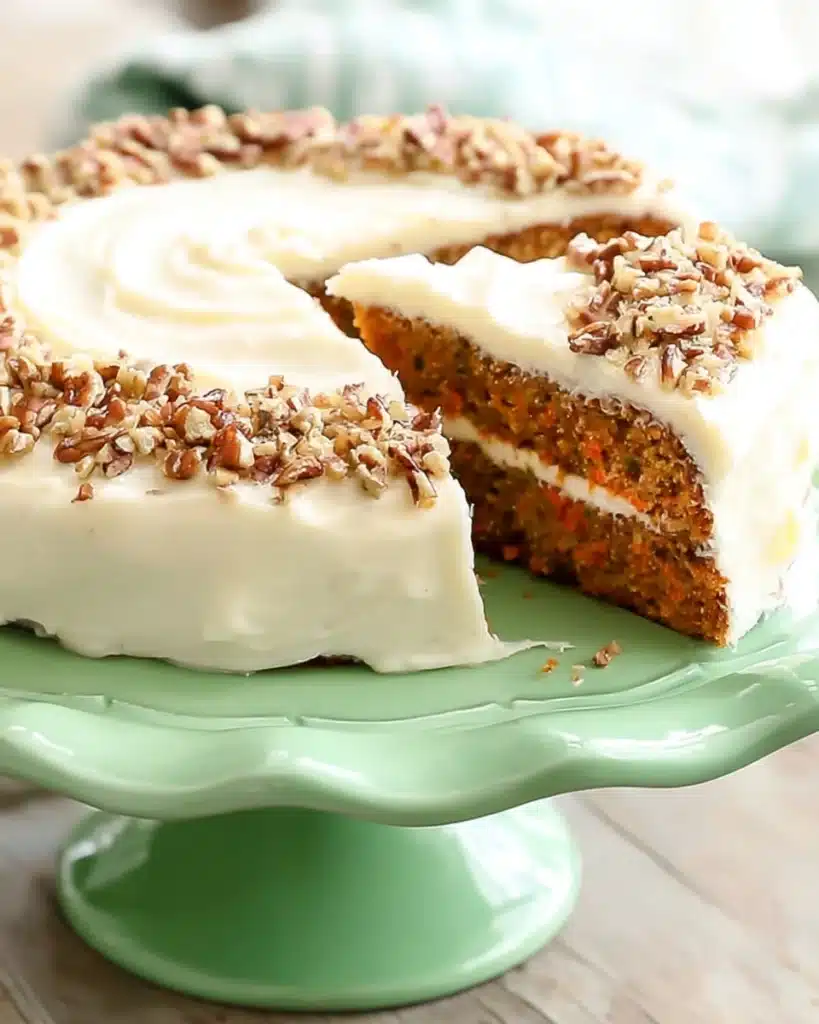 The BEST Carrot Cake (Christmas Favorite) 1 The BEST Carrot Cake with cream cheese frosting and chopped nuts on a green cake stand