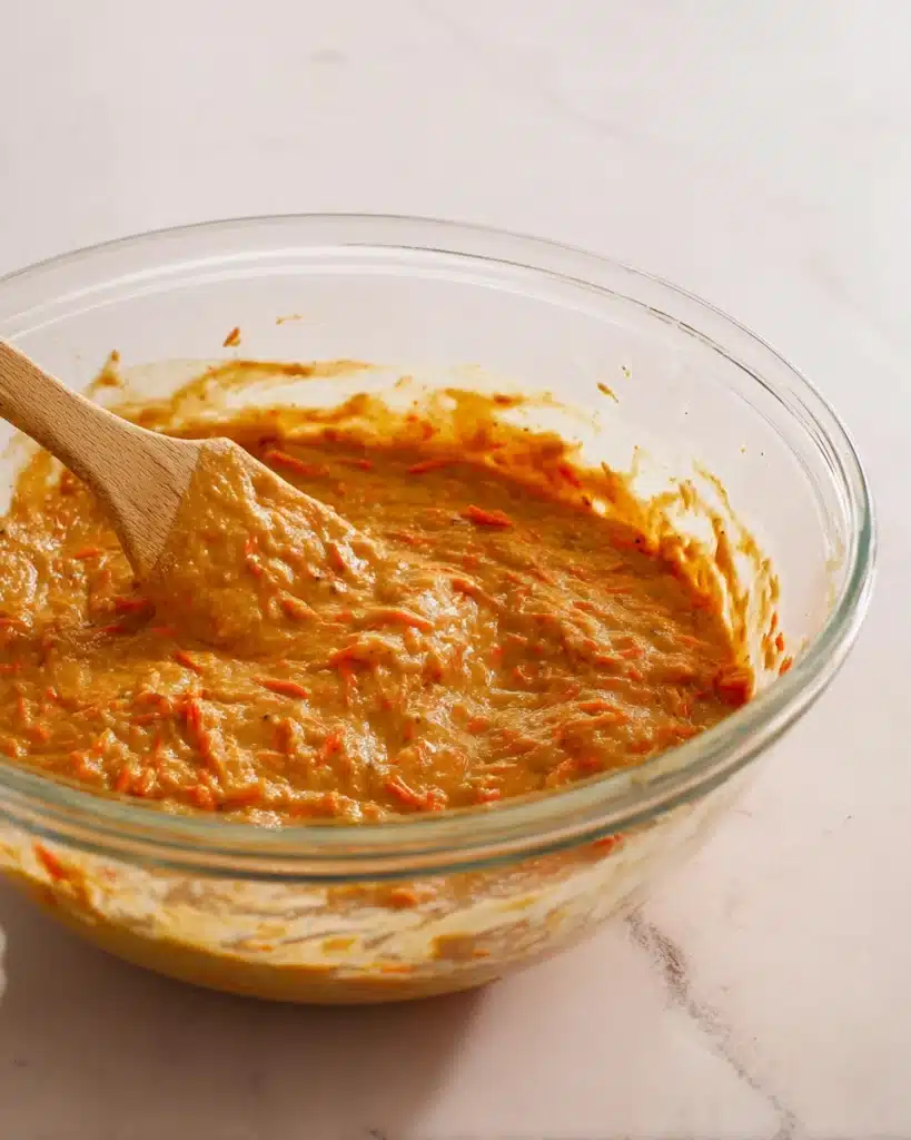 The BEST Carrot Cake (Christmas Favorite) 2 Carrot cake batter in a glass bowl with a spatula