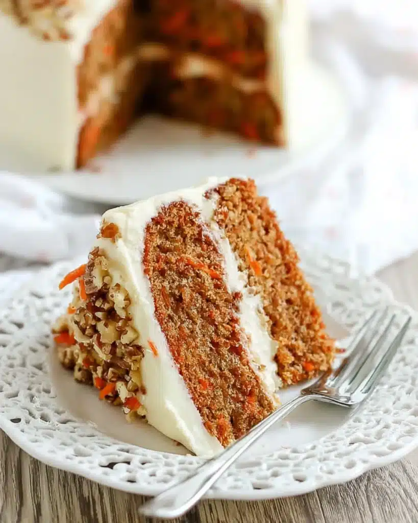 The BEST Carrot Cake (Christmas Favorite) 4 Slice of moist carrot cake with cream cheese frosting and chopped nuts