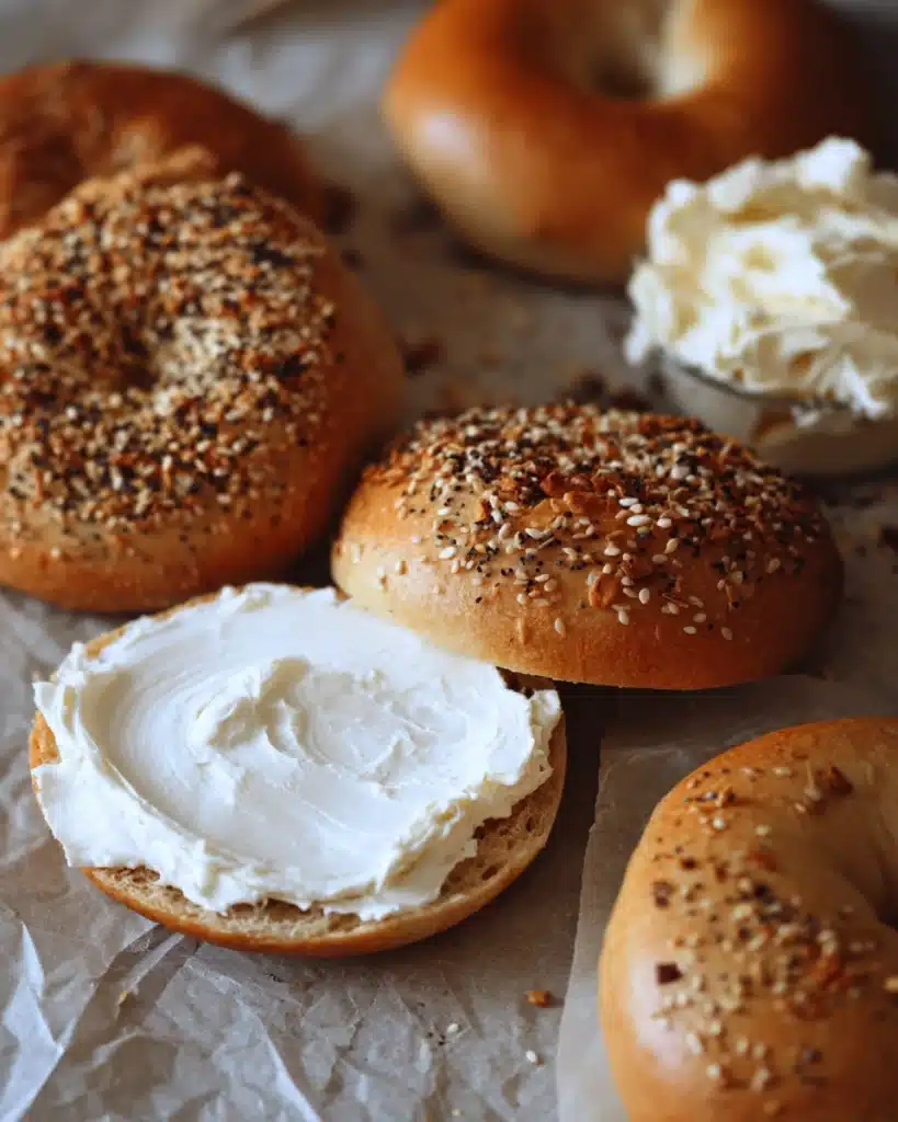 Sourdough bagel with cream cheese and assorted toppings on parchment