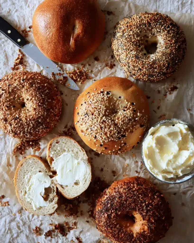 Assorted sourdough bagels with cream cheese and toppings on parchment