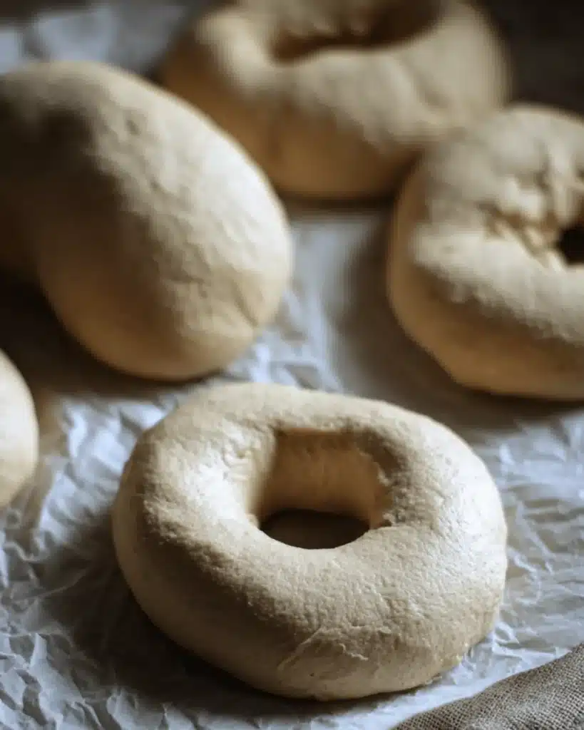 Shaped sourdough bagel dough pieces on parchment before boiling
