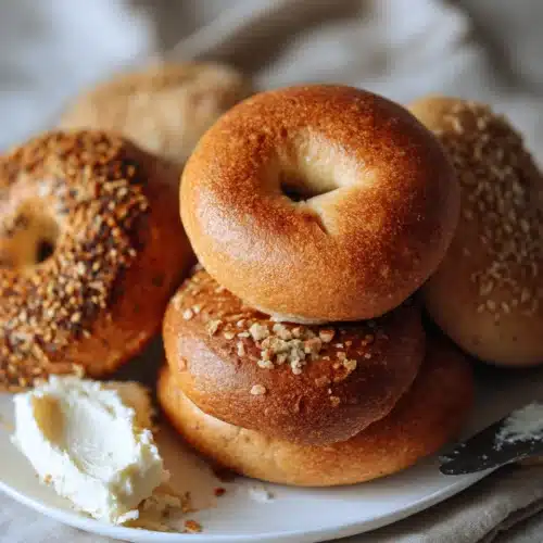 The Best Sourdough Bagels on a white plate with cream cheese spread