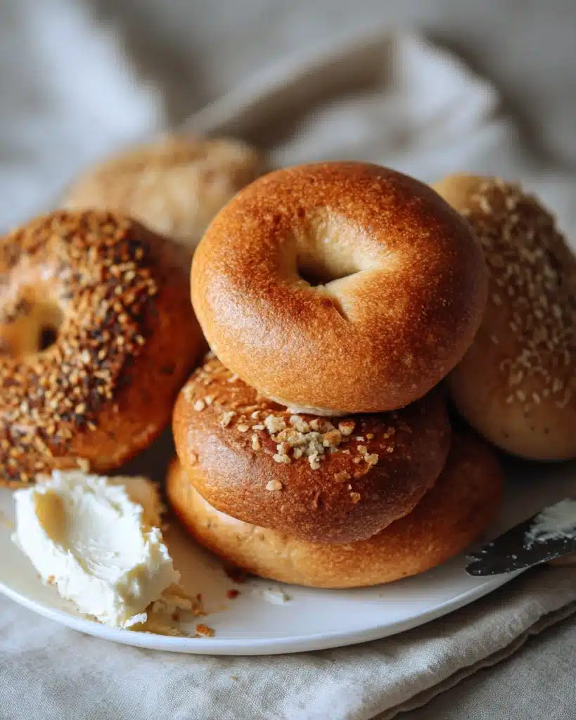 The Best Sourdough Bagels on a white plate with cream cheese spread