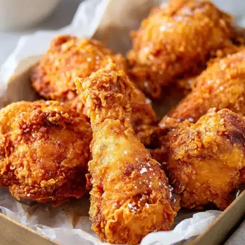 The Best Southern Fried Chicken drumsticks on parchment with sea salt