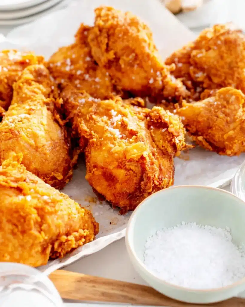 Crispy golden Southern fried chicken with flaked sea salt on tray