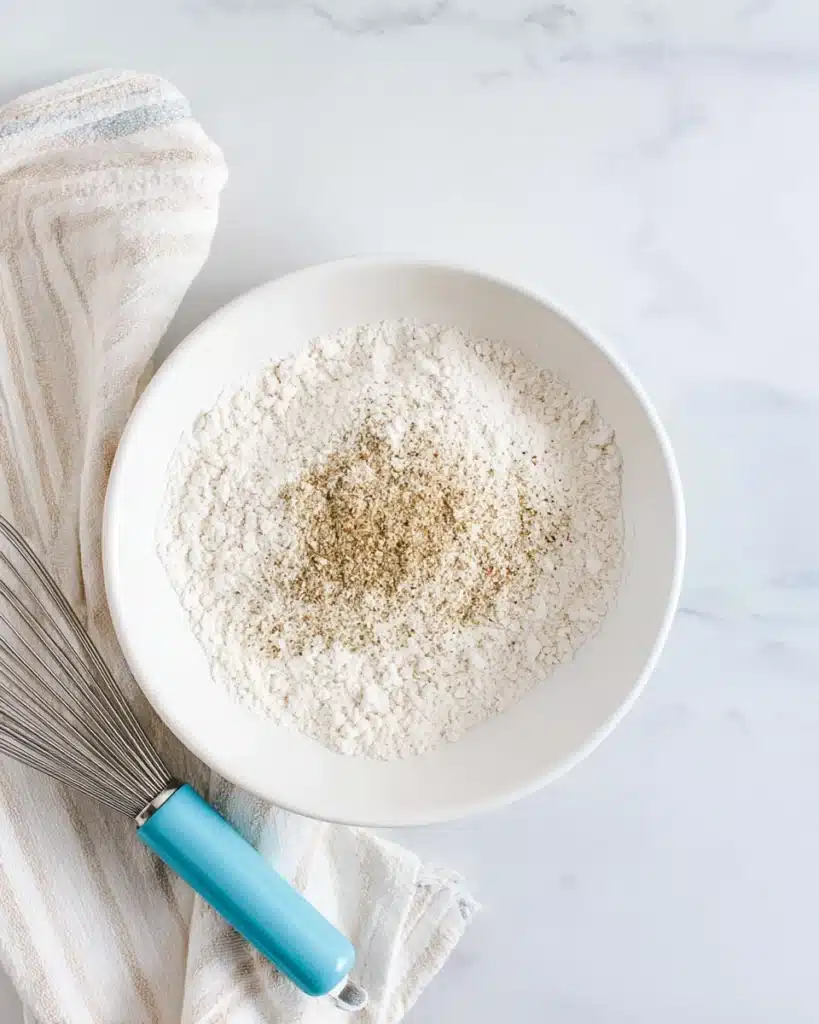 Seasoned flour mixture for Southern fried chicken coating in a white bowl