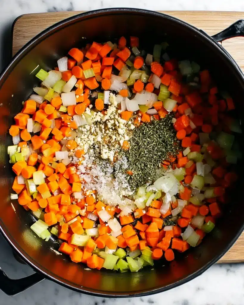 Sautéing carrots, onions, and celery in a pot for vegetable soup