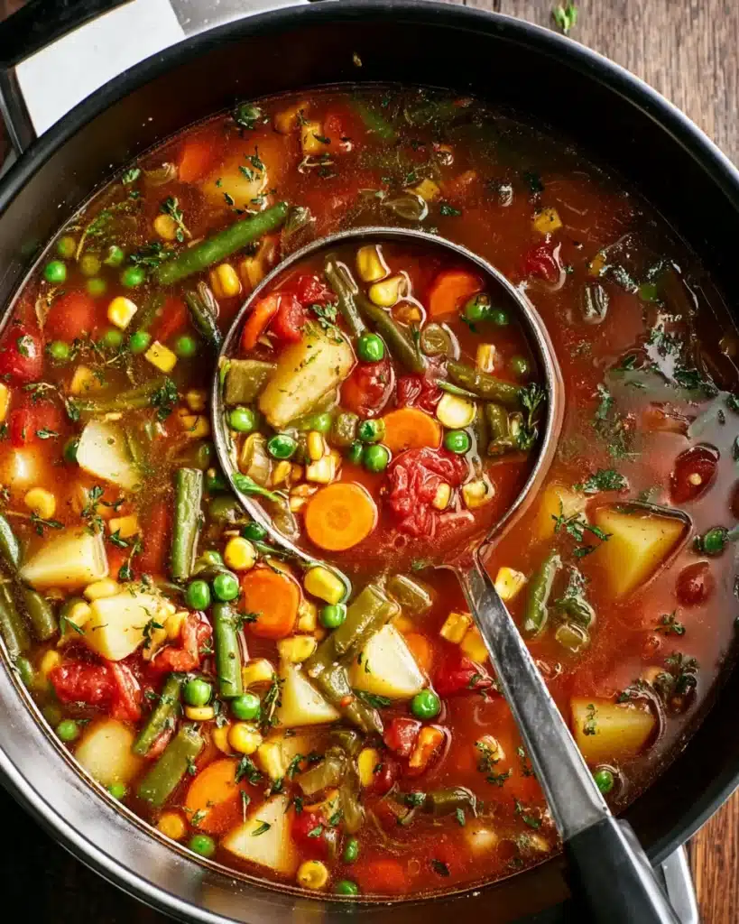 Hearty vegetable soup in a pot with ladle ready to serve