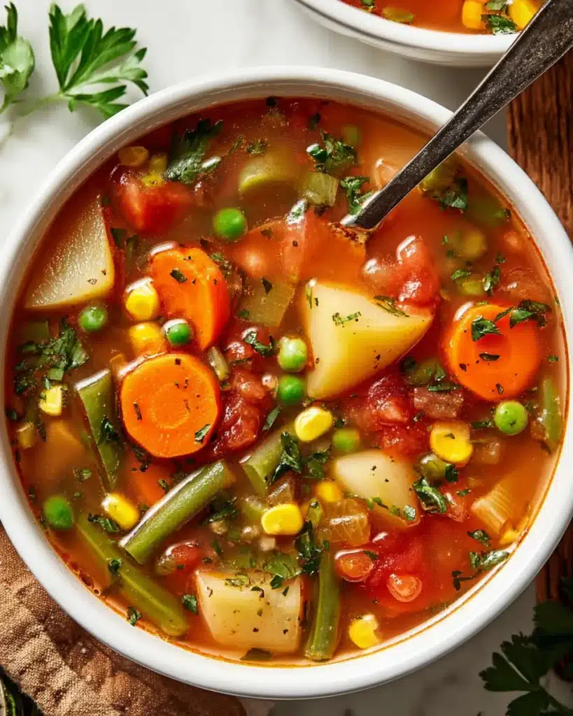 Top view of vegetable soup with carrots, potatoes, and green beans