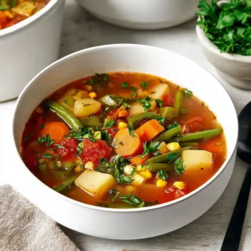 Hearty vegetable soup with carrots, potatoes, and green beans in a white bowl