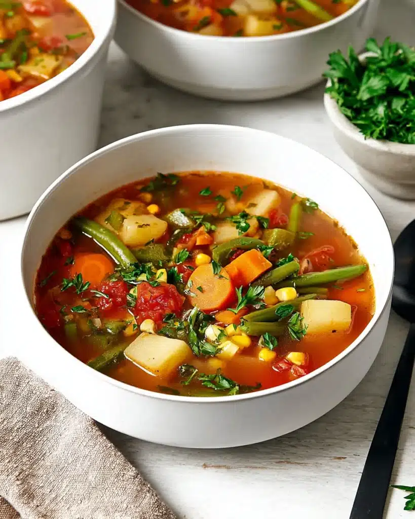 Hearty vegetable soup with carrots, potatoes, and green beans in a white bowl