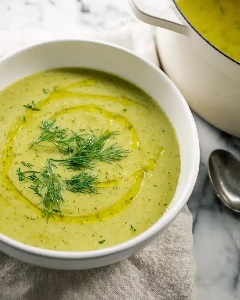 Zucchini Soup 1 Creamy zucchini soup in white bowl with olive oil drizzle and fresh dill