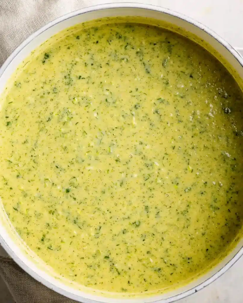 Zucchini Soup 4 Blended creamy zucchini soup in white pot