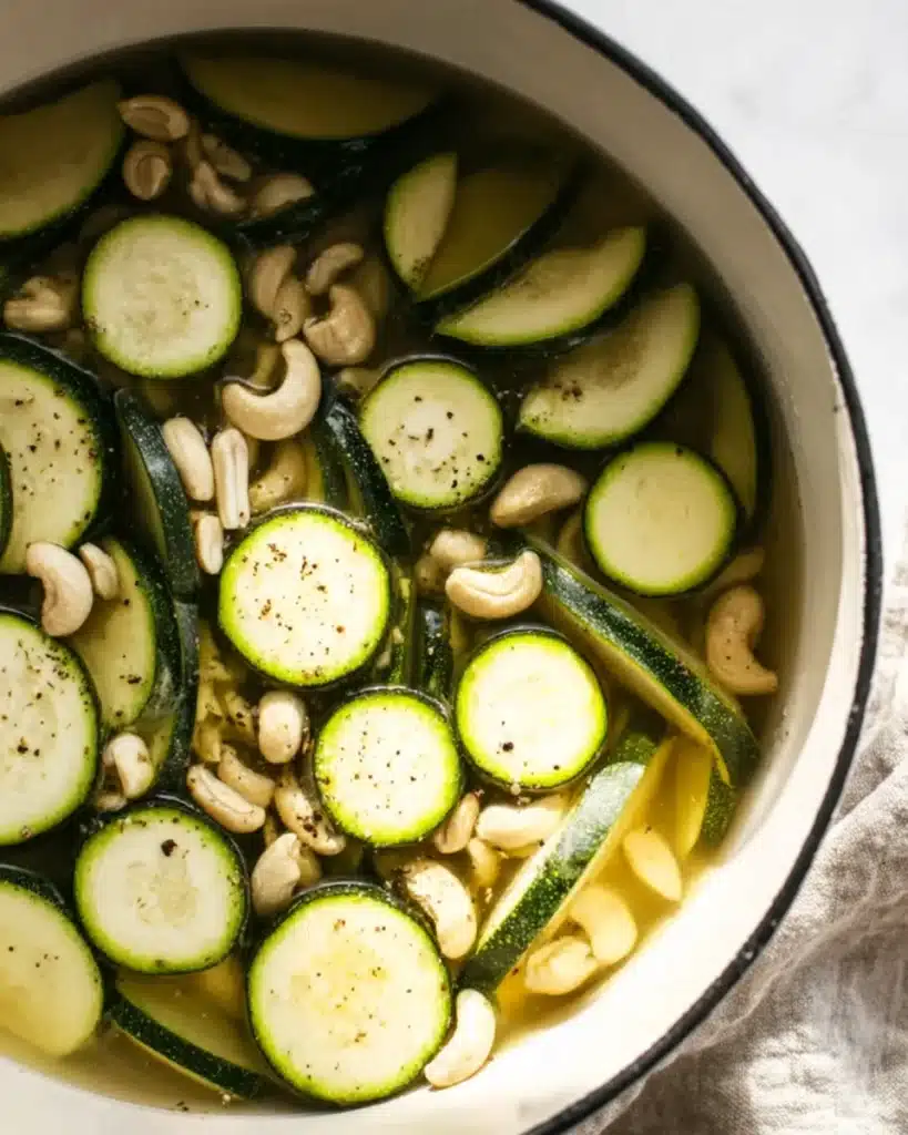 Zucchini Soup 3 Zucchini and cashews in pot with broth and black pepper for soup