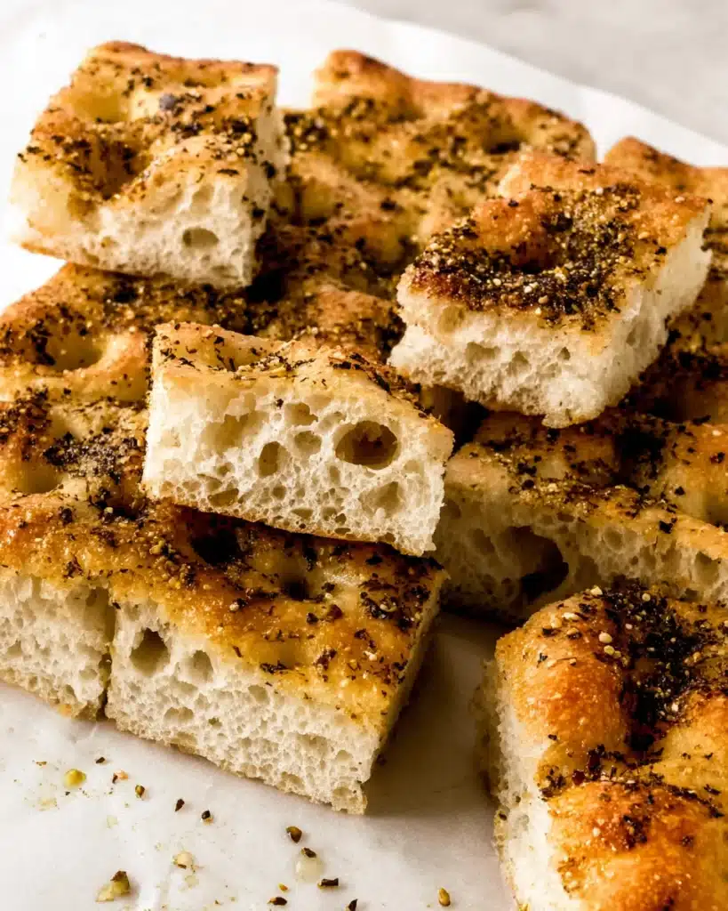 Sliced za’atar focaccia bread showing airy crumb and golden crust