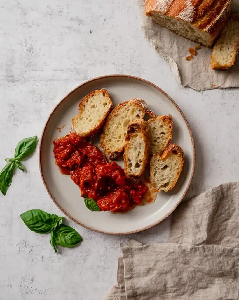 Toasted bread with spicy arrabbiata sauce on a ceramic plate