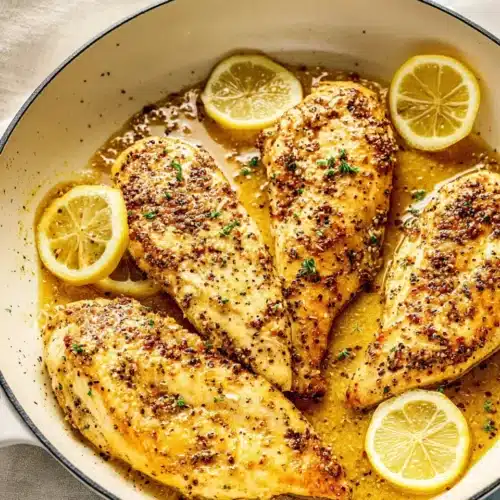 Juicy lemon pepper chicken in skillet with lemon butter sauce and fresh lemon slices