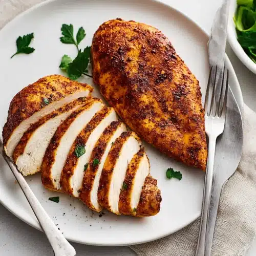 Juicy air fryer chicken breast sliced on a white plate with herbs